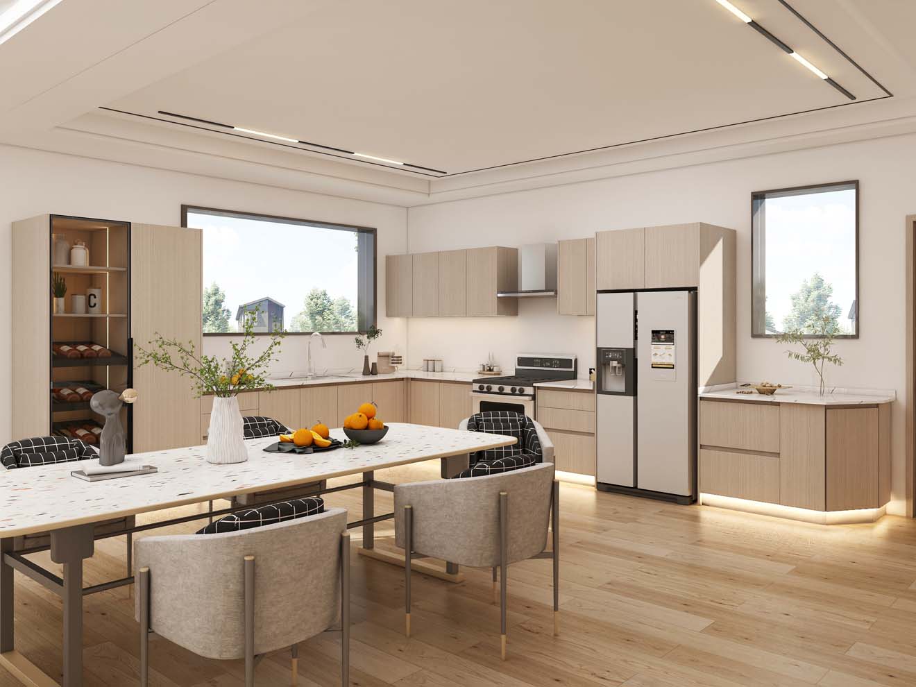 A sleek, modern kitchen with light wood kitchen cabinets featuring a melamine finish. The spacious layout integrates natural tones, a dining area, and ample storage for a functional yet elegant design.