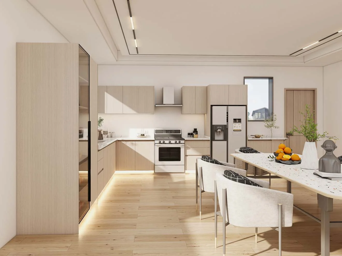 Una cocina elegante y moderna con gabinetes de madera clara con acabado de melamina. El diseño espacioso integra tonos naturales, un comedor y amplio espacio de almacenamiento para lograr un diseño funcional y elegante.