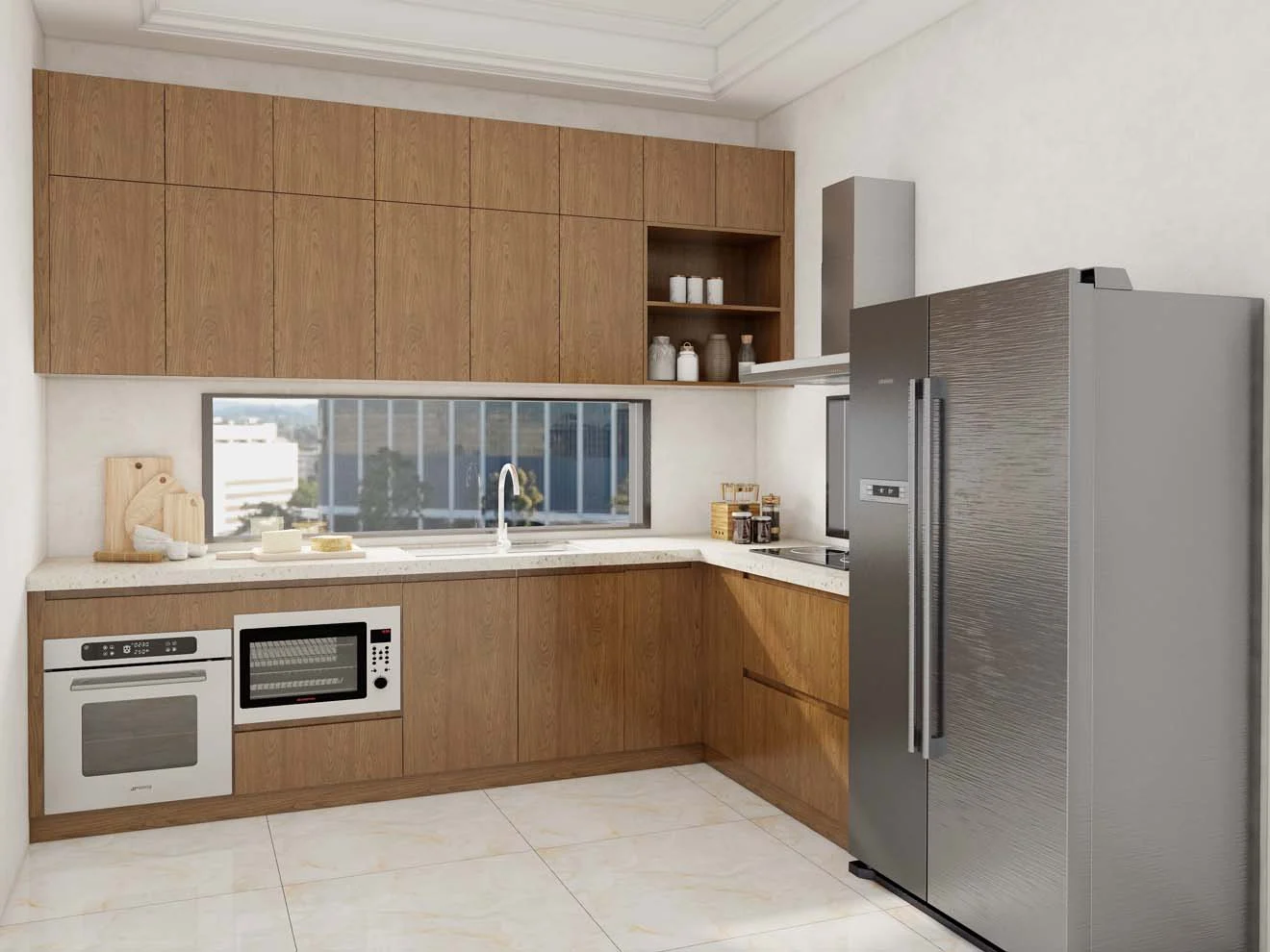 Una cocina elegante y funcional con gabinetes de cocina con vetas de madera modernas, acabados en melamina y un diseño minimalista. La disposición en forma de U maximiza el espacio y el almacenamiento.