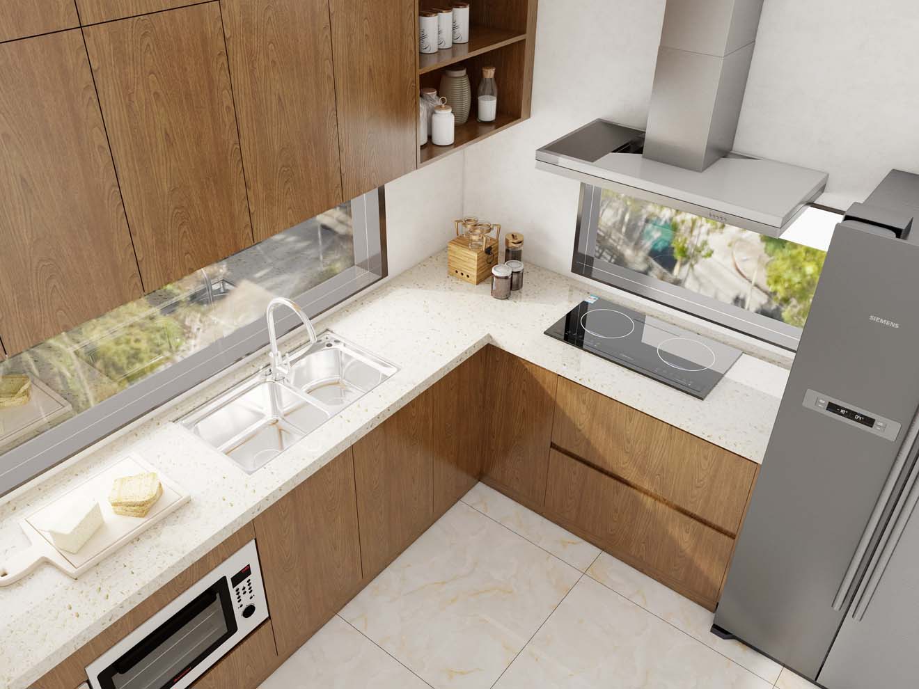 A sleek and functional kitchen with modern wood grain kitchen cabinets, featuring melamine finishes and a minimalist design. The U-shaped layout maximizes space and storage.