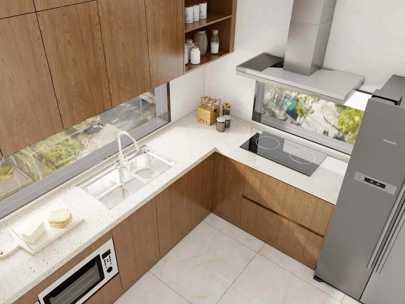 Una cocina elegante y funcional con gabinetes de cocina con vetas de madera modernas, acabados en melamina y un diseño minimalista. La disposición en forma de U maximiza el espacio y el almacenamiento.
