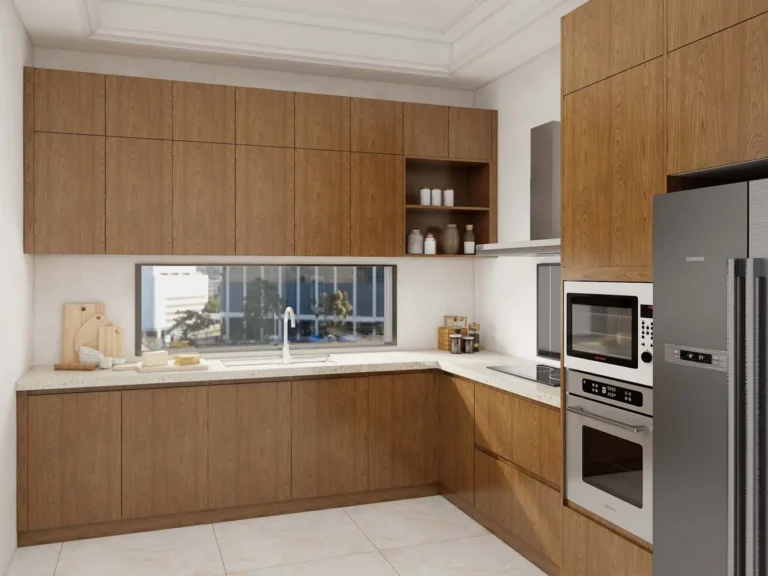 A sleek and functional kitchen with modern wood grain kitchen cabinets, featuring melamine finishes and a minimalist design. The U-shaped layout maximizes space and storage.