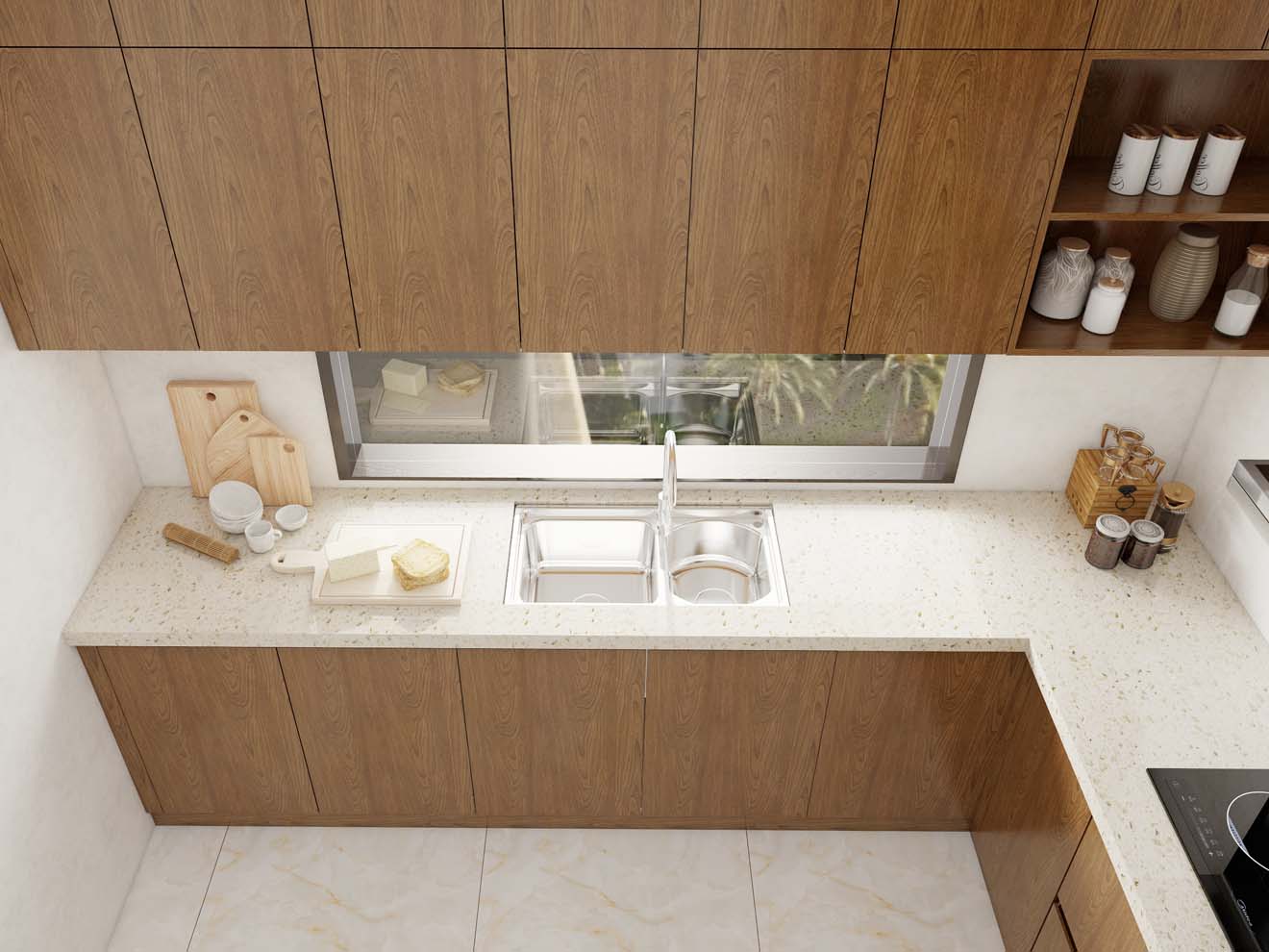 A sleek and functional kitchen with modern wood grain kitchen cabinets, featuring melamine finishes and a minimalist design. The U-shaped layout maximizes space and storage.