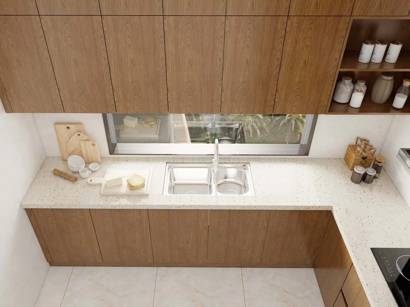 Una cocina elegante y funcional con gabinetes de cocina con vetas de madera modernas, acabados en melamina y un diseño minimalista. La disposición en forma de U maximiza el espacio y el almacenamiento.