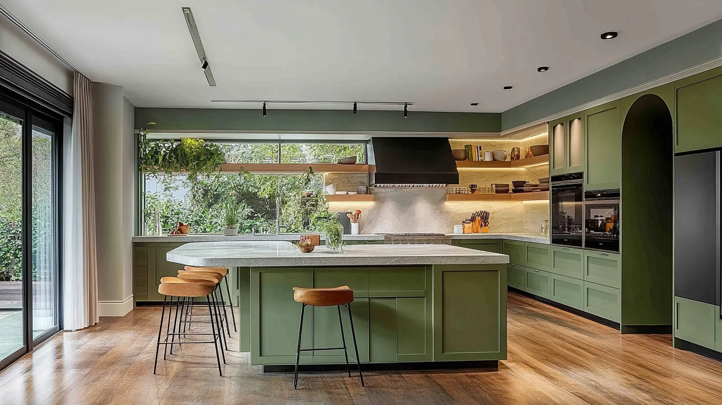 Shaker style Green Cabinet With Warmth Wooden Flooring
