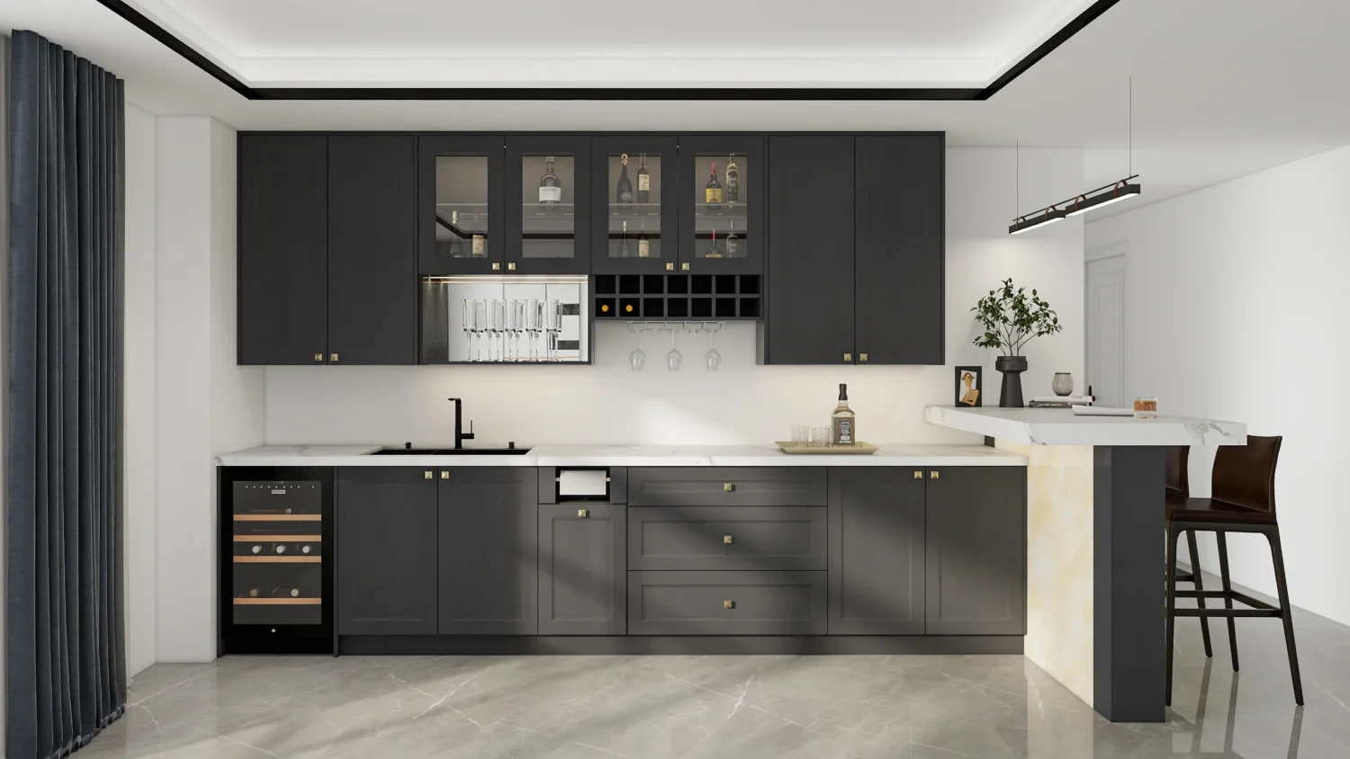 Sleek European kitchen with dark matte cabinets, marble counters, wine storage, and a bar counter. Modern elegance meets smart functionality.