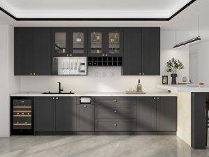Sleek European kitchen with dark matte cabinets, marble counters, wine storage, and a bar counter. Modern elegance meets smart functionality.