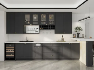 Sleek European kitchen with dark matte cabinets, marble counters, wine storage, and a bar counter. Modern elegance meets smart functionality.