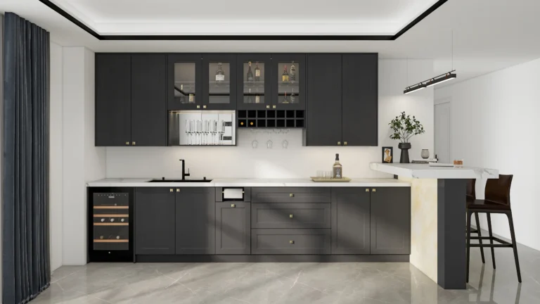 Sleek European kitchen with dark matte cabinets, marble counters, wine storage, and a bar counter. Modern elegance meets smart functionality.
