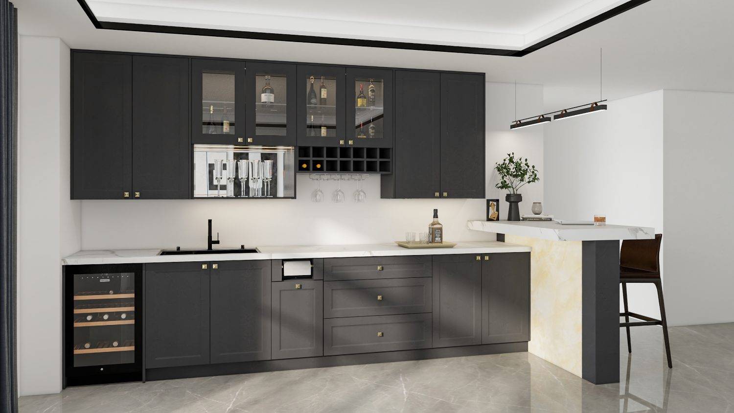 Sleek European kitchen with dark matte cabinets, marble counters, wine storage, and a bar counter. Modern elegance meets smart functionality.