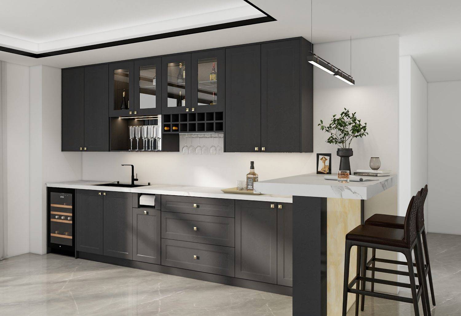 Sleek European kitchen with dark matte cabinets, marble counters, wine storage, and a bar counter. Modern elegance meets smart functionality.
