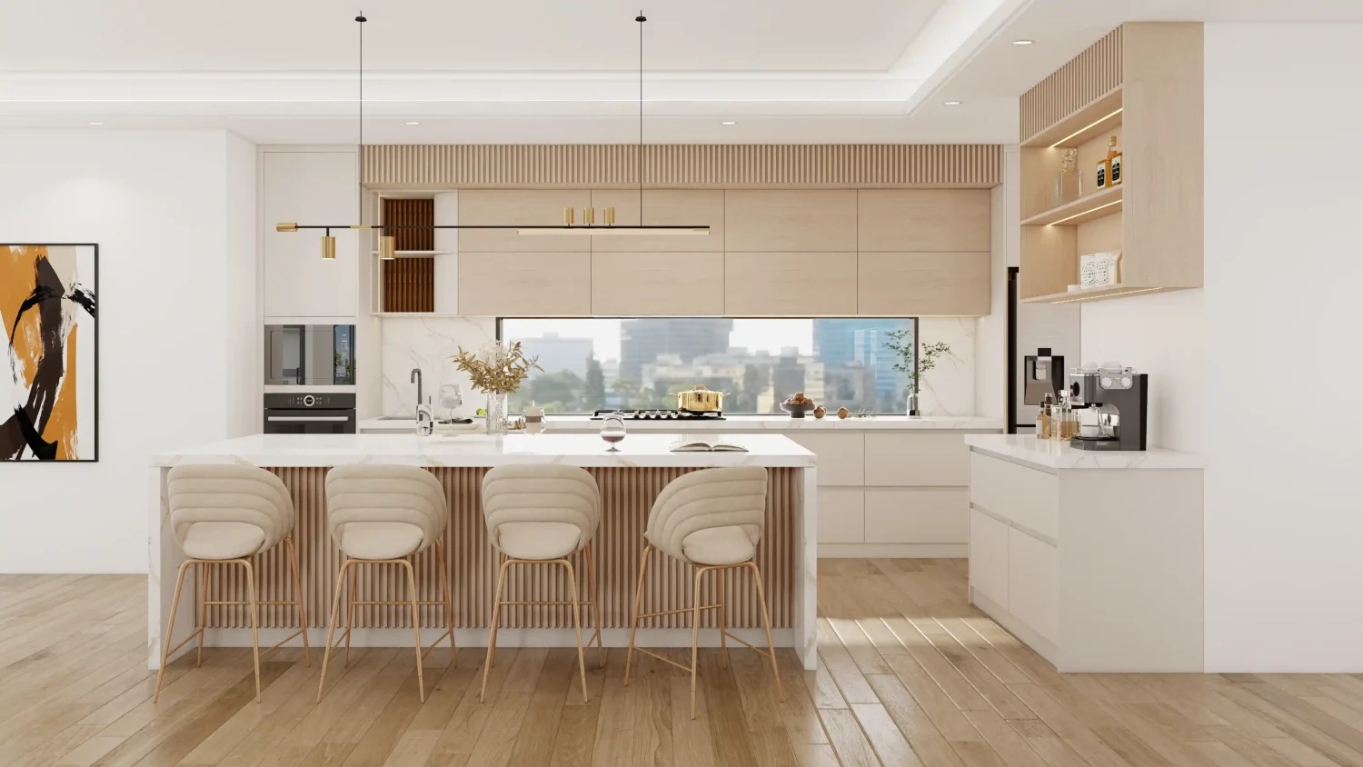 Sleek modern kitchen with natural tones.