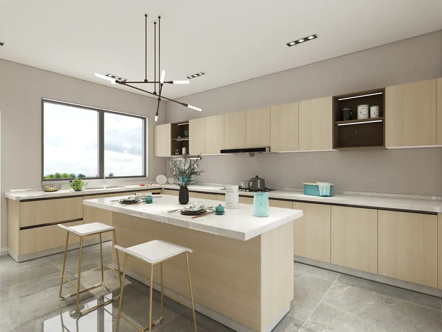 Modern kitchen with oak cabinets and island.