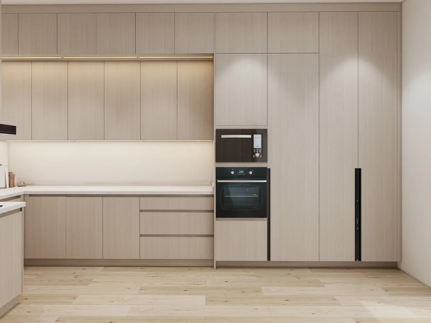 Modern kitchen with sleek oak cabinets.