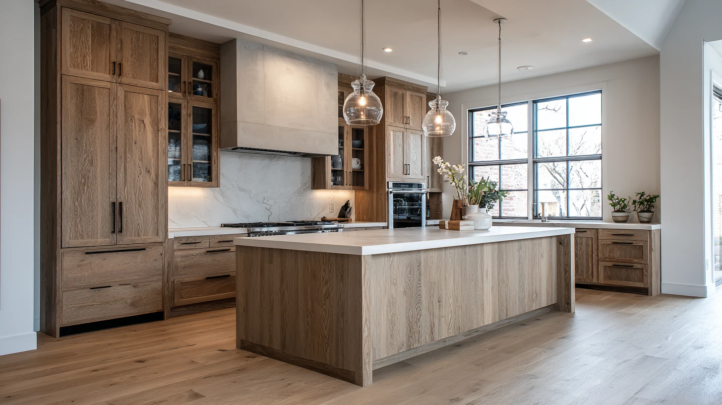 Oiled bare wood white oak cabinets in an industrial kitchen