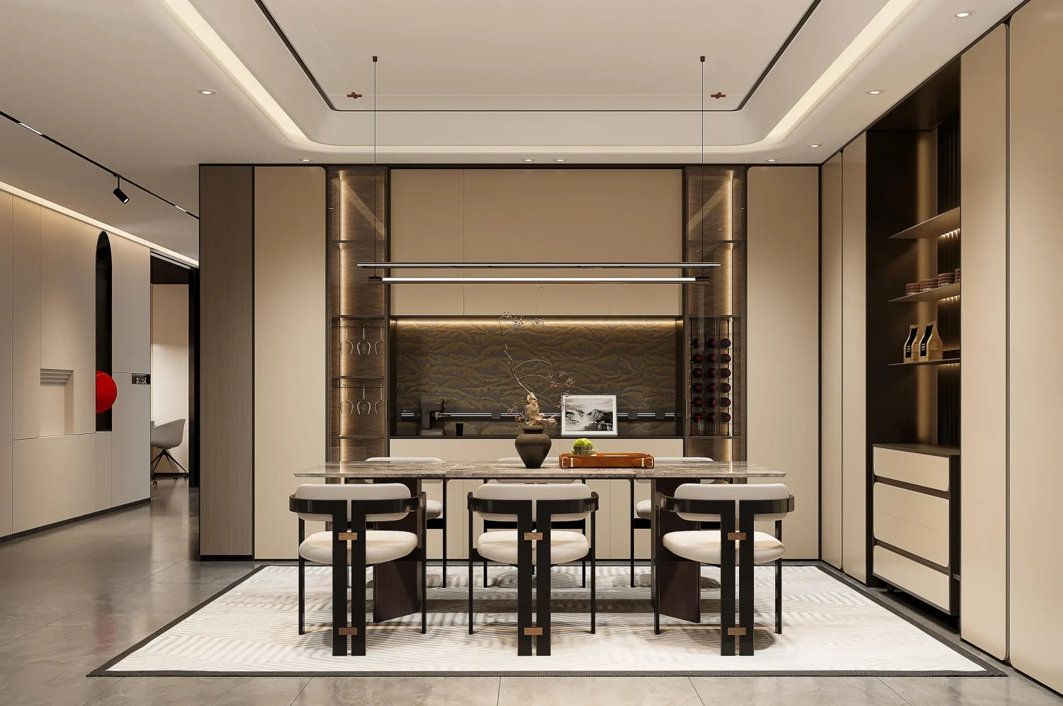 Elegant modern kitchen in New Chinese Series style with beige cabinets sleek lighting integrated wine storage and marble dining table
