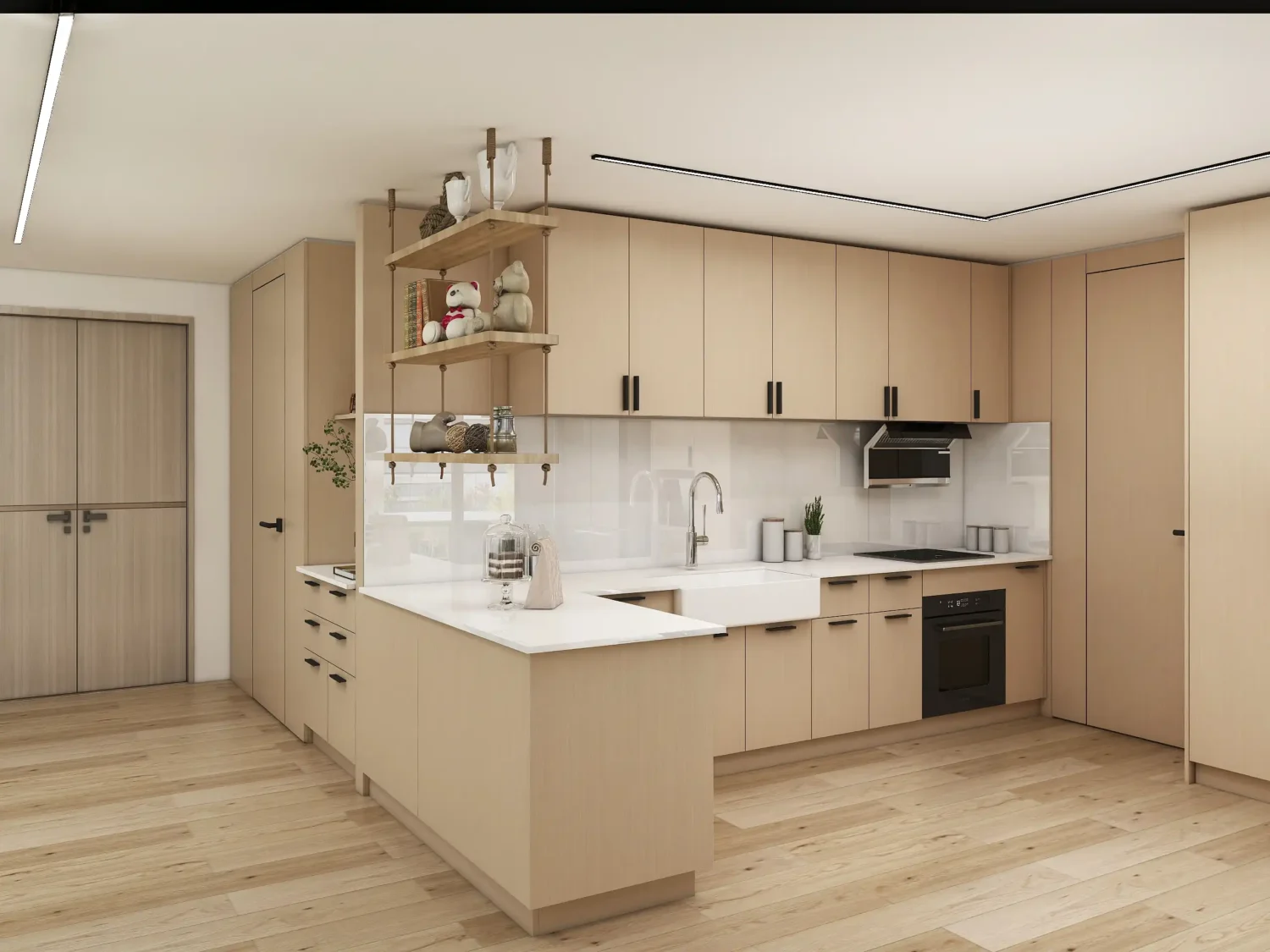 Small Kitchens Oak Cabinets with open shelving and a peninsula