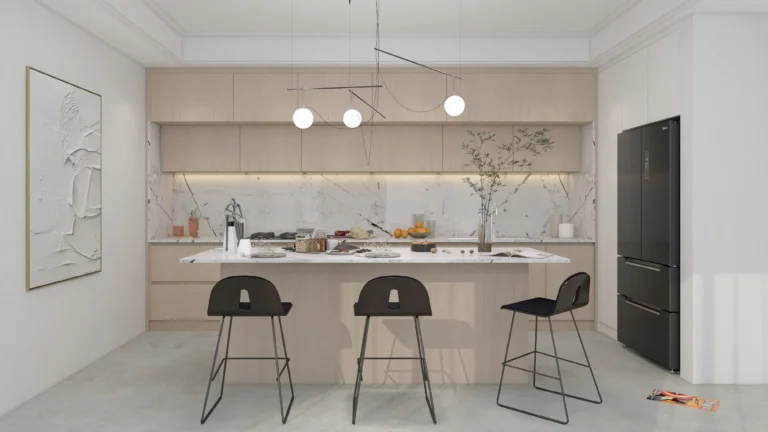 Warm Minimalist Oak Cabinets with a white marble backsplash
