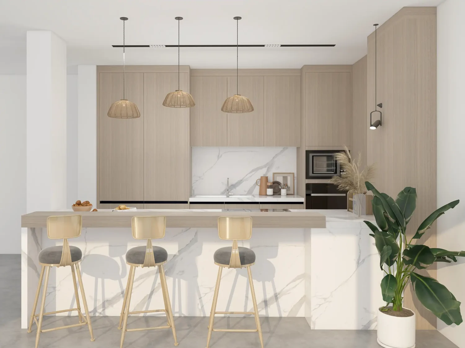 White Oak Kitchen Cabinets and a marble waterfall island