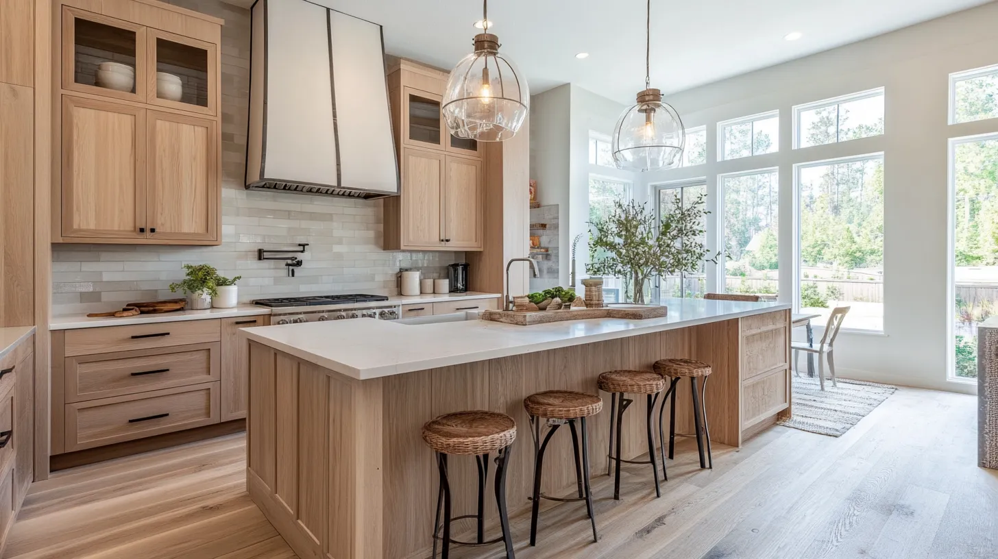 Light Oak Wood Kitchen Cabinets With White Countertop