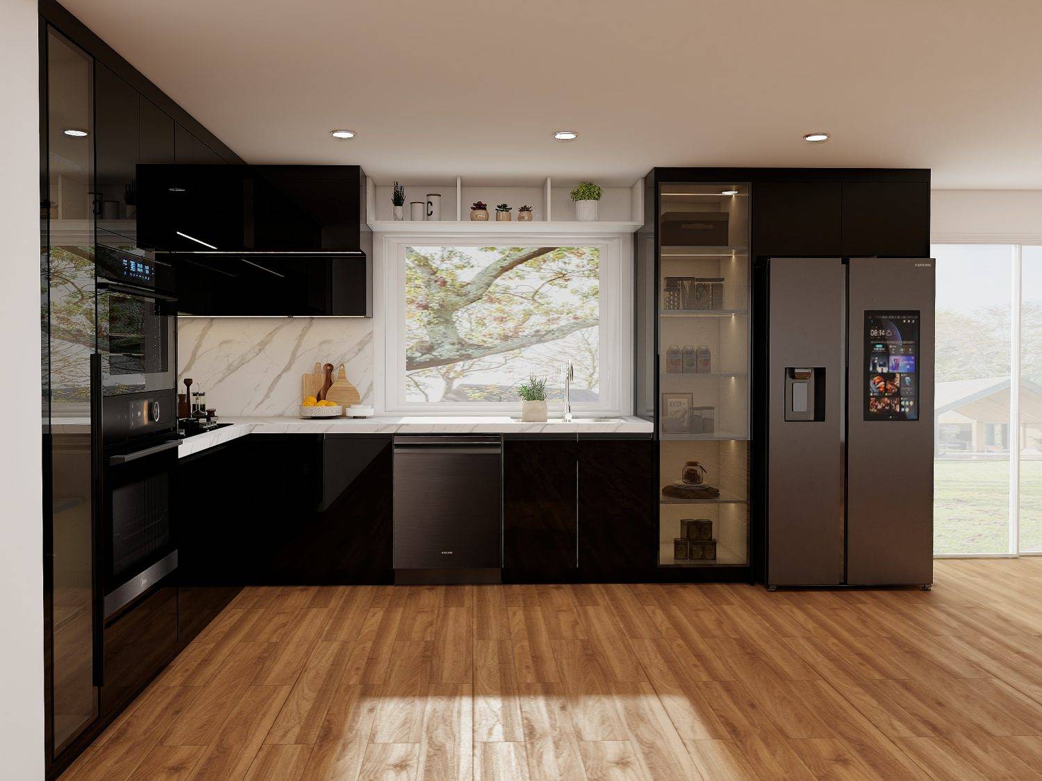Contemporary kitchen design with High Gloss Cabinets, glass shelving, and elegant marble backsplash for a bright, spacious feel.