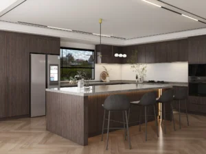 High-Gloss Brown Cabinets for Warm, Rich Style