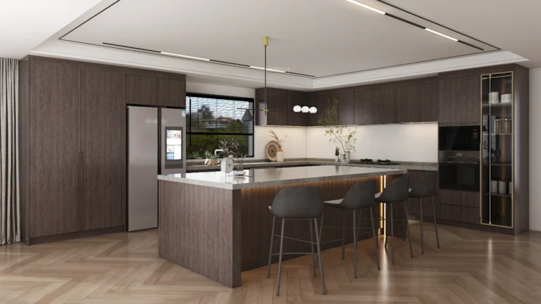 High-Gloss Brown Cabinets for Warm, Rich Style