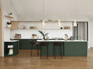 Transform your kitchen with glossy emerald green cabinets. Bold color, sleek finish, and smart storage create a modern, functional, and elegant space.