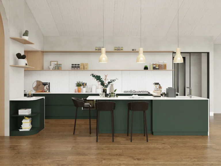 Transform your kitchen with glossy emerald green cabinets. Bold color, sleek finish, and smart storage create a modern, functional, and elegant space.