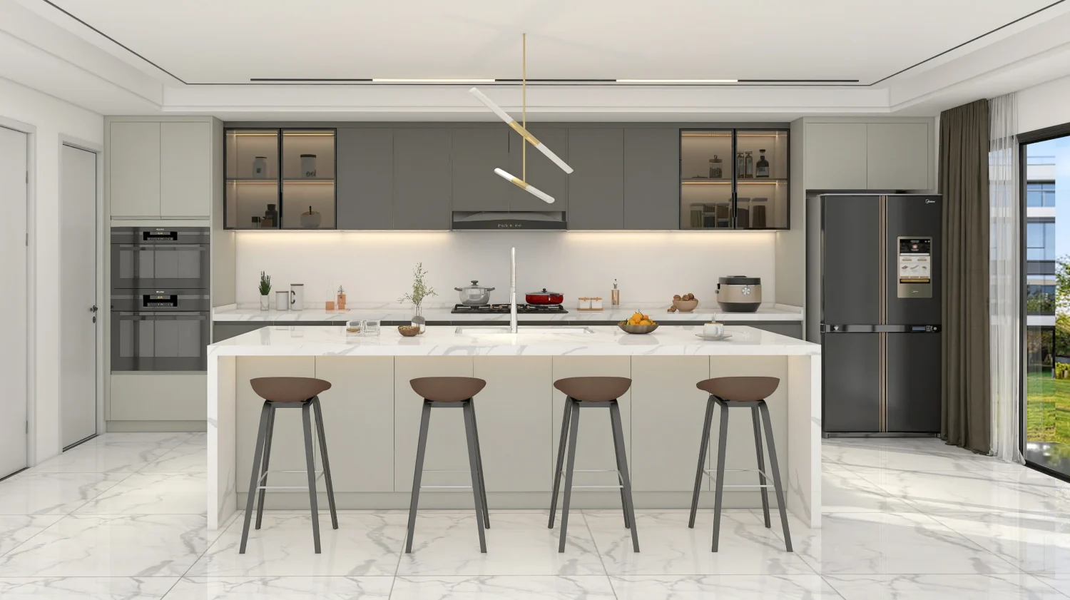 Matte Gray Cabinets with Integrated LED Illumination