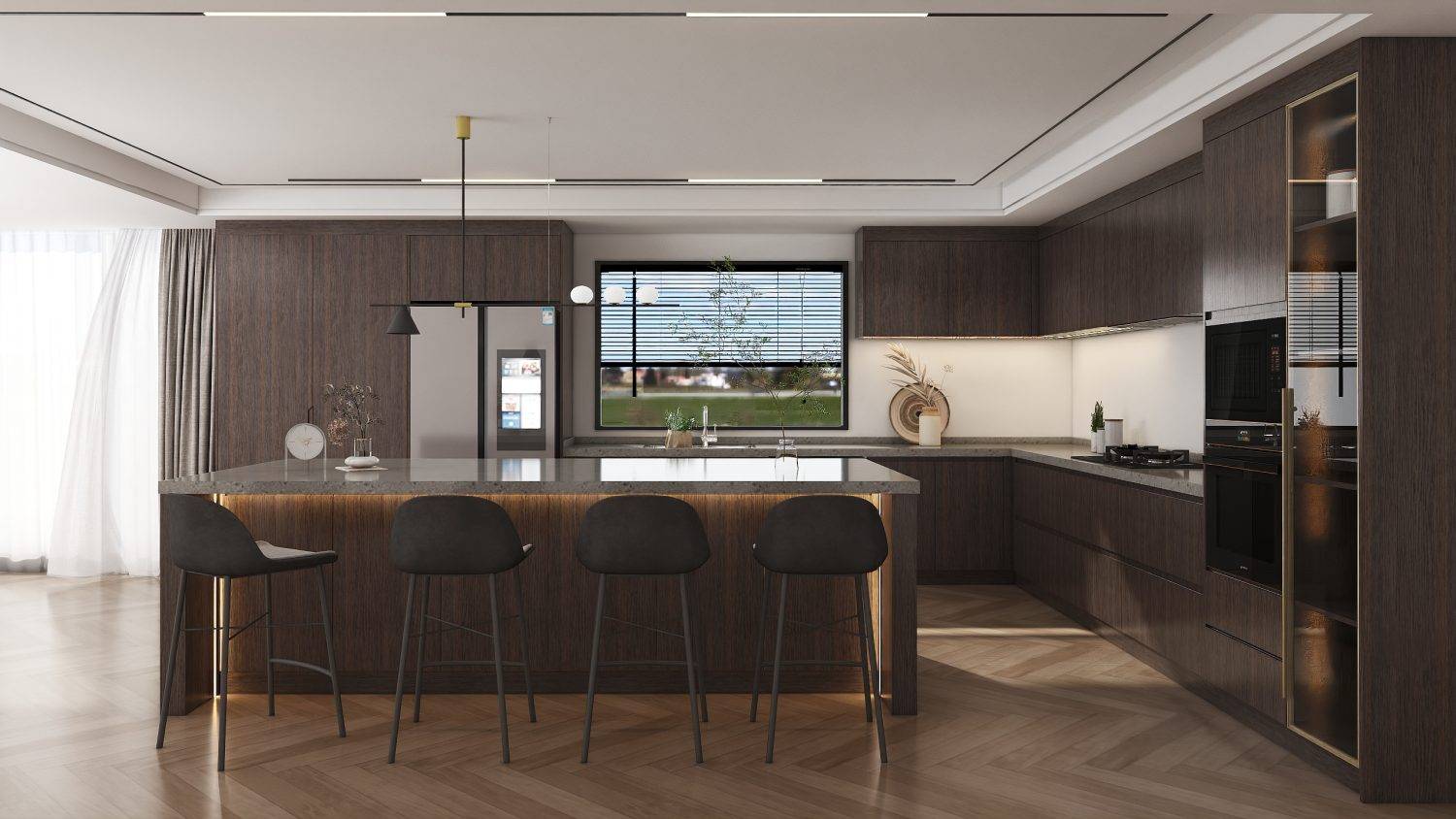 PA Home High-Gloss Brown Cabinets offering sleek, modern designs with a polished finish for contemporary kitchens.