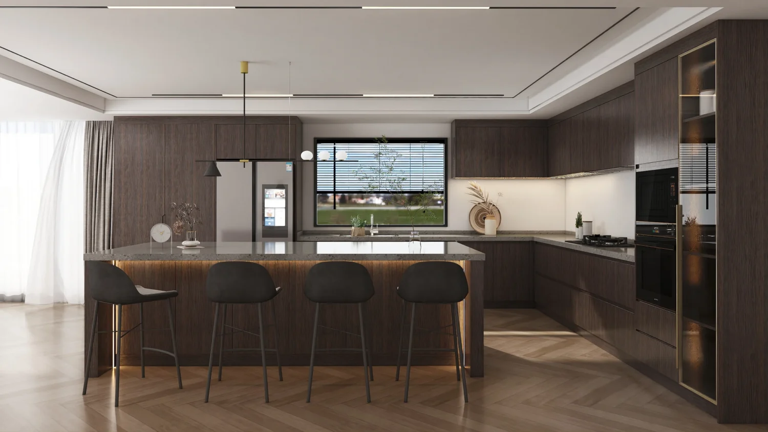 PA Home High-Gloss Brown Cabinets offering sleek, modern designs with a polished finish for contemporary kitchens.