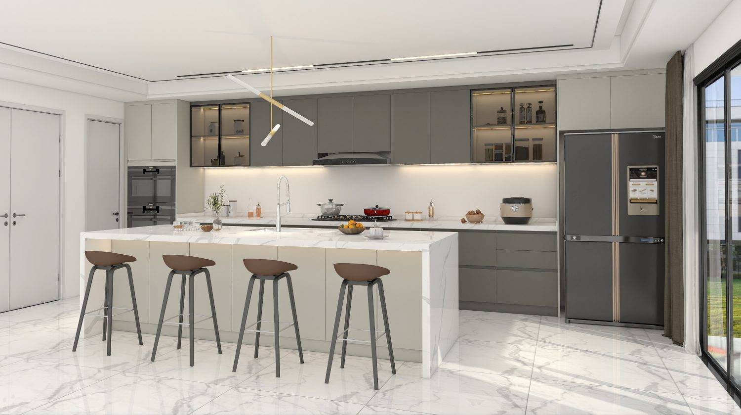 PA Home matte gray cabinets with integrated LED lighting, highlighting a modern and minimalist kitchen layout.