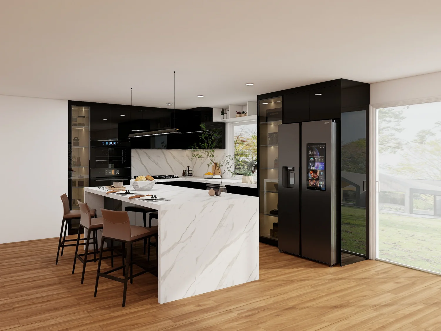 Elegantes armarios negros de alto brillo con iluminación integrada, que realzan el estilo y la funcionalidad de una cocina moderna.