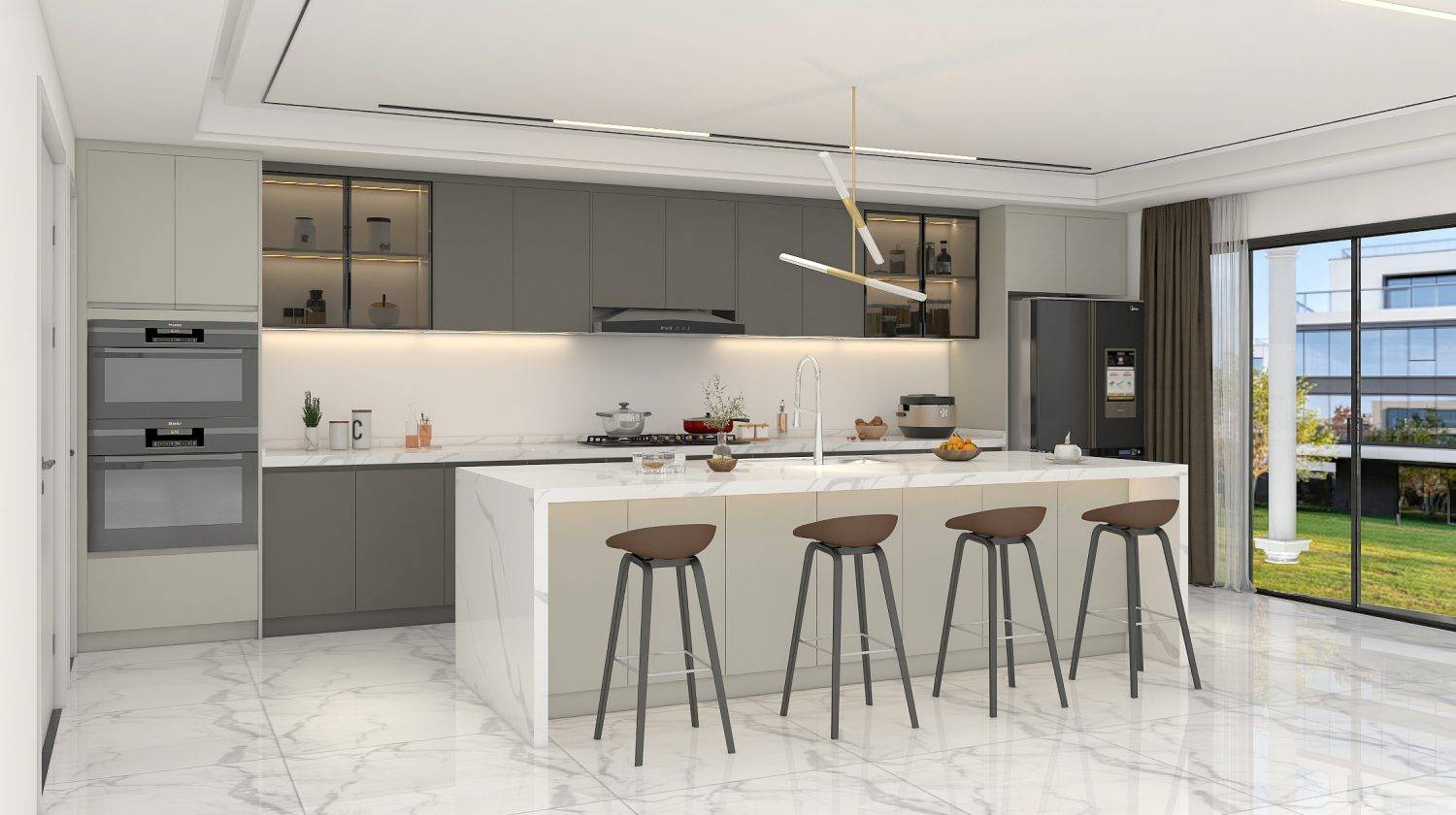 Sleek matte gray cabinets with LED illumination, offering elegance and functionality in a contemporary kitchen by PA Home.
