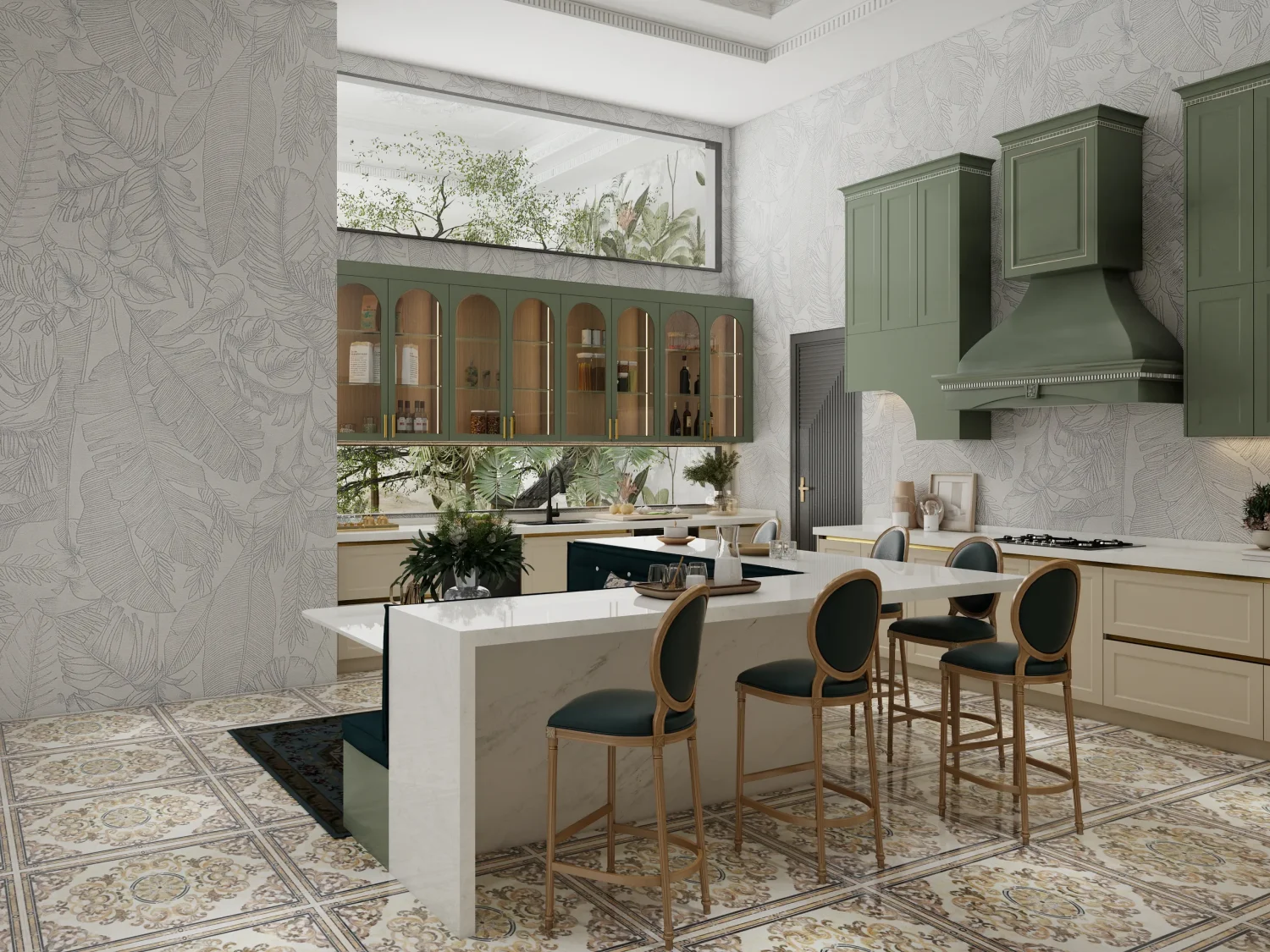 Elegant Green and Beige Kitchen by American Cabinet Refacing