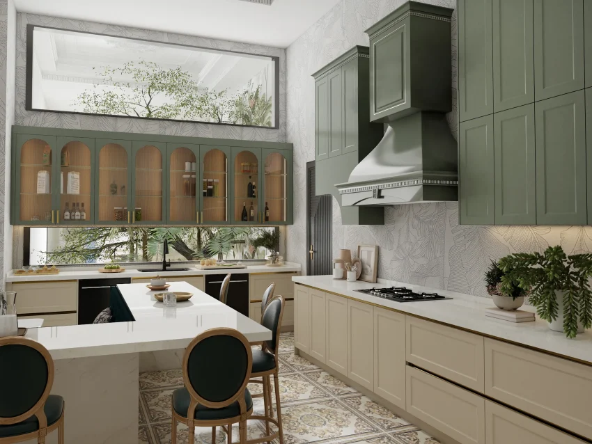 Elegant Green and Beige Kitchen by American Cabinet Refacing