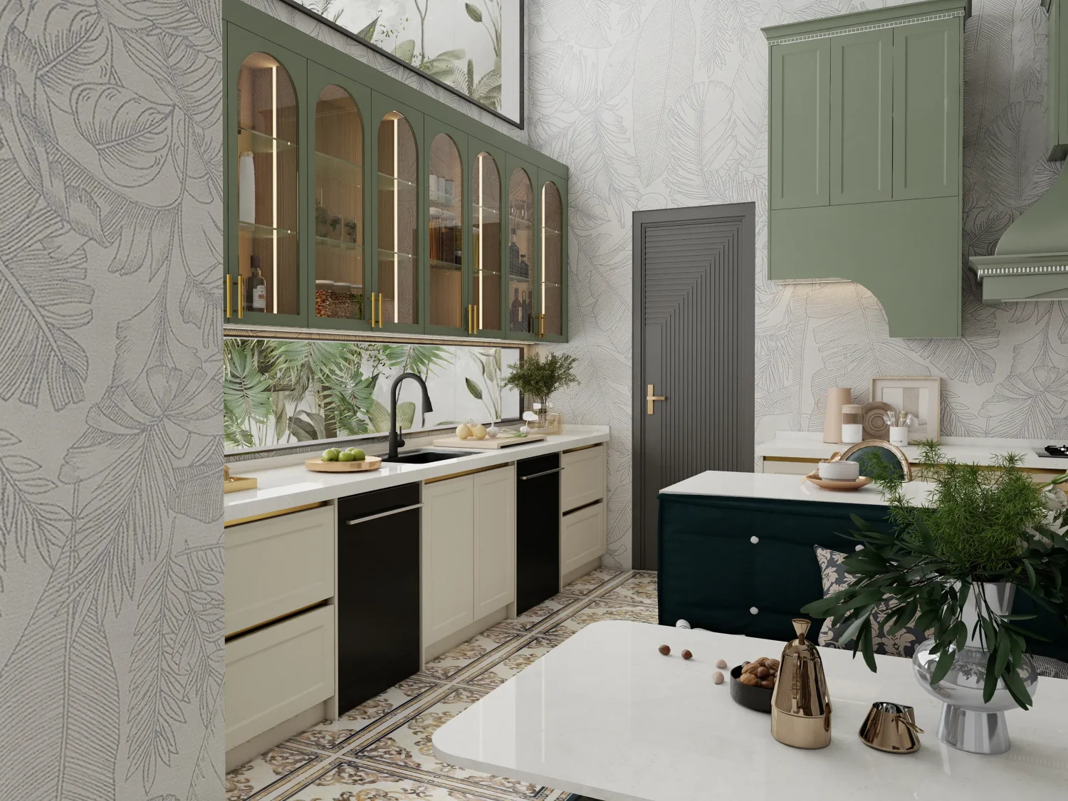 Elegant Green and Beige Kitchen by American Cabinet Refacing