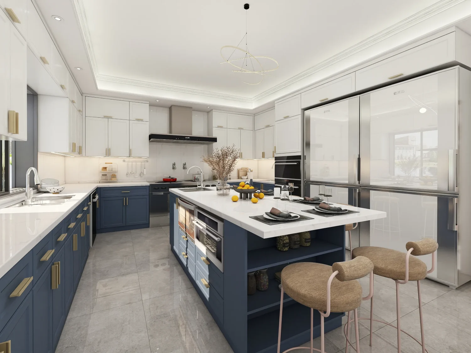 Shaker-Style Navy and White American Custom Cabinets