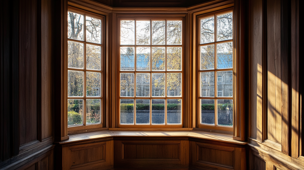 Wooden bay window overlooking a serene outdoor garden scene.