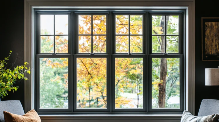Living room view through black-framed custom windows showcasing autumn foliage.