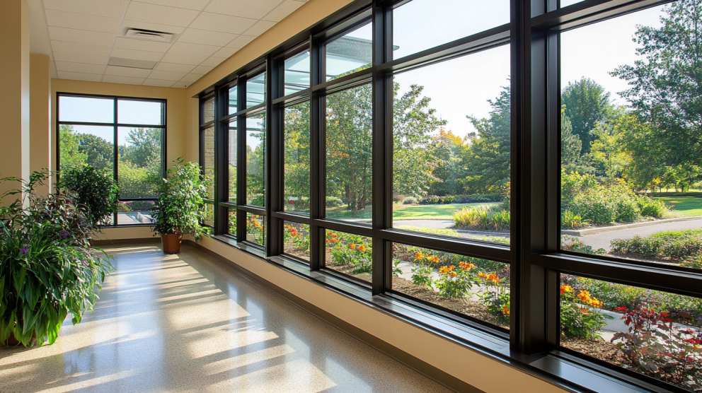 Spacious hallway with large black-framed custom windows overlooking a vibrant garden.
