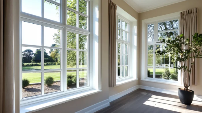 Bright and elegant living room with large aluminum windows from a window manufacturer, showcasing natural light and scenic outdoor views.