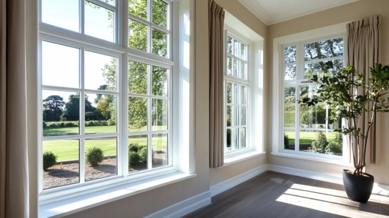 Bright and elegant living room with large aluminum windows from a window manufacturer, showcasing natural light and scenic outdoor views.