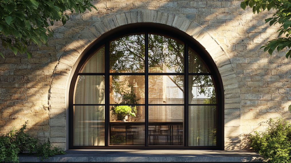 Custom arched aluminum window by a window manufacturer, blending modern design with rustic stone architecture.