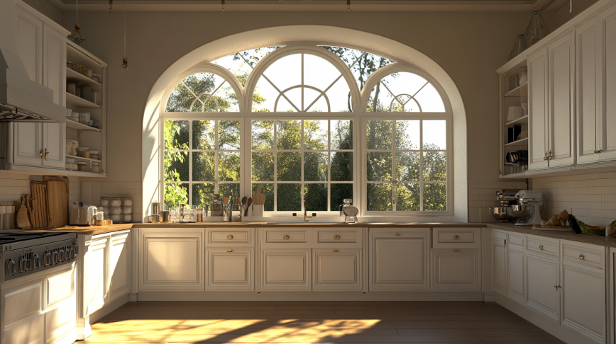A luxury kitchen featuring custom arched windows overlooking a lush garden.