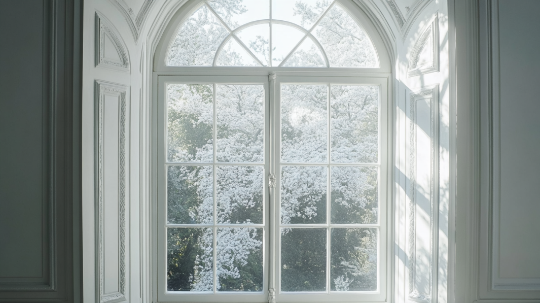 Fiberglass window with an arched design showcasing a snowy outdoor view.