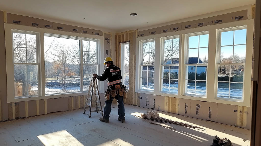 Construction worker installing large windows in a bright residential room during a renovation project.