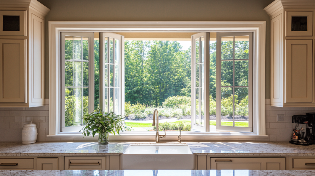 Modern aluminum-framed windows in a kitchen, overlooking a green backyard.