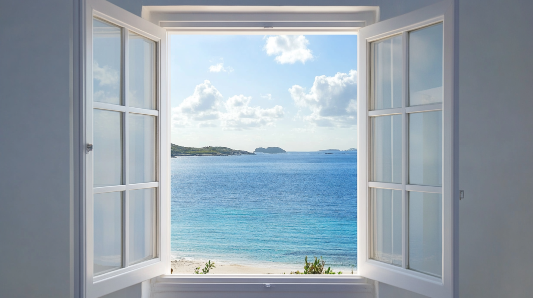 White vinyl window opened to a clear ocean view.